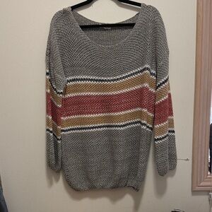 MACARON Gray Sweater with Red and Gold Stripes